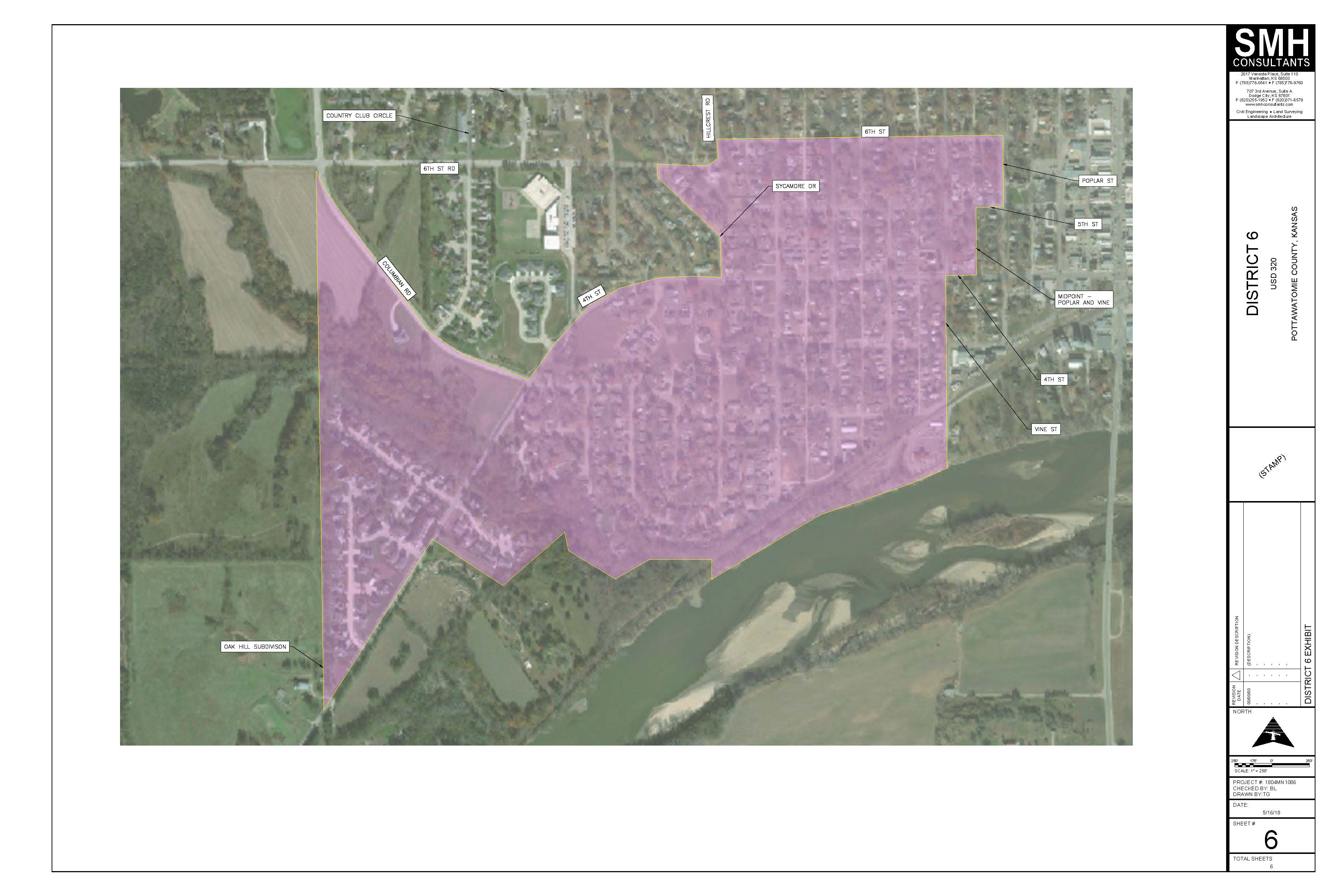 Large aerial map of District 5, shaded in light purple. The district covers a broad rural area north of Wamego, extending toward Settlers Rd, Cannonball Rd, and Elm Slough Rd. It borders Wamego city limits near US HWY 24, Balderson Blvd, and Onaga Rd. The Kansas River runs along the southern edge of the map.